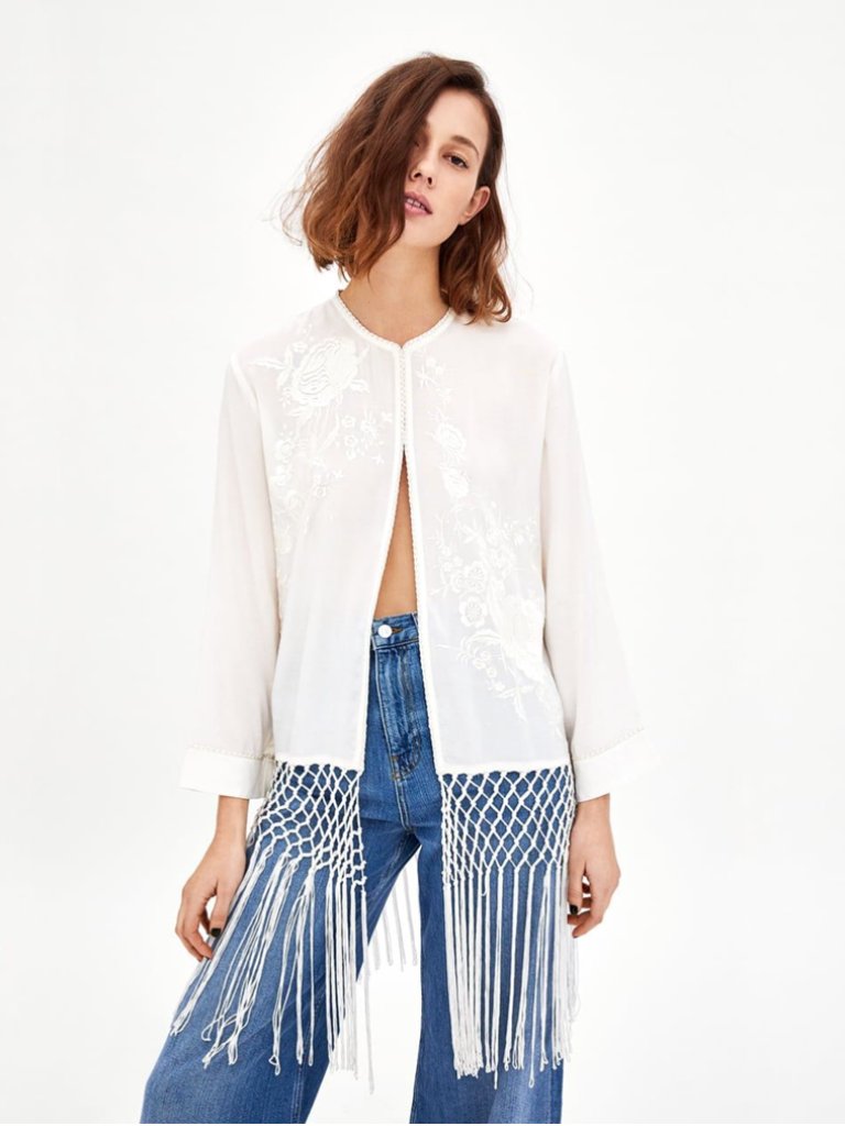 Zara Blouse With Cutwork Embroidery With Macrame Crochet Fringe Ends